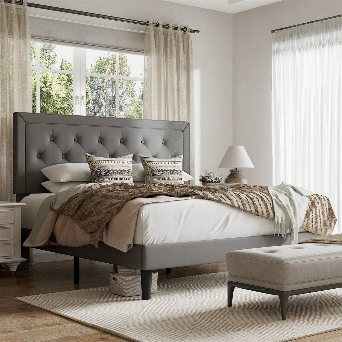 Full size Grey Linen Upholstered Platform Bed Frame with Button-Tufted Headboard HomePacific