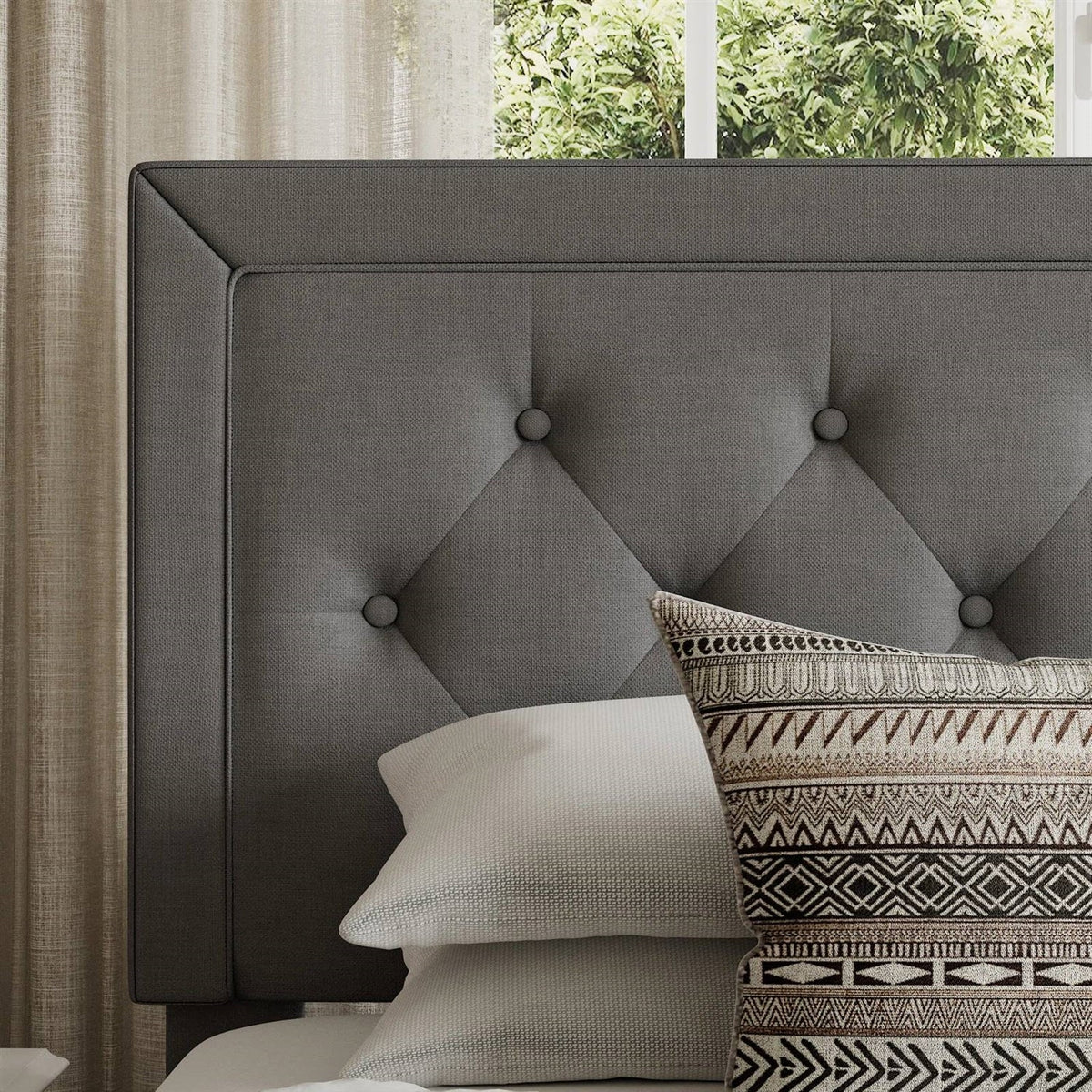 Full size Grey Linen Upholstered Platform Bed Frame with Button-Tufted Headboard HomePacific