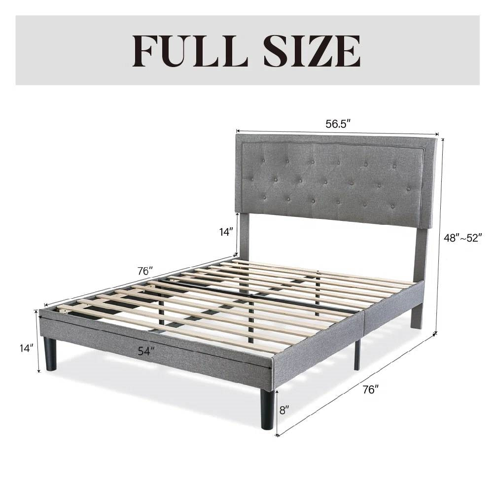 Full size Grey Linen Upholstered Platform Bed Frame with Button-Tufted Headboard HomePacific
