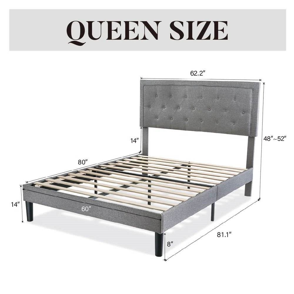 Queen Grey Linen Upholstered Platform Bed Frame with Button-Tufted Headboard HomePacific