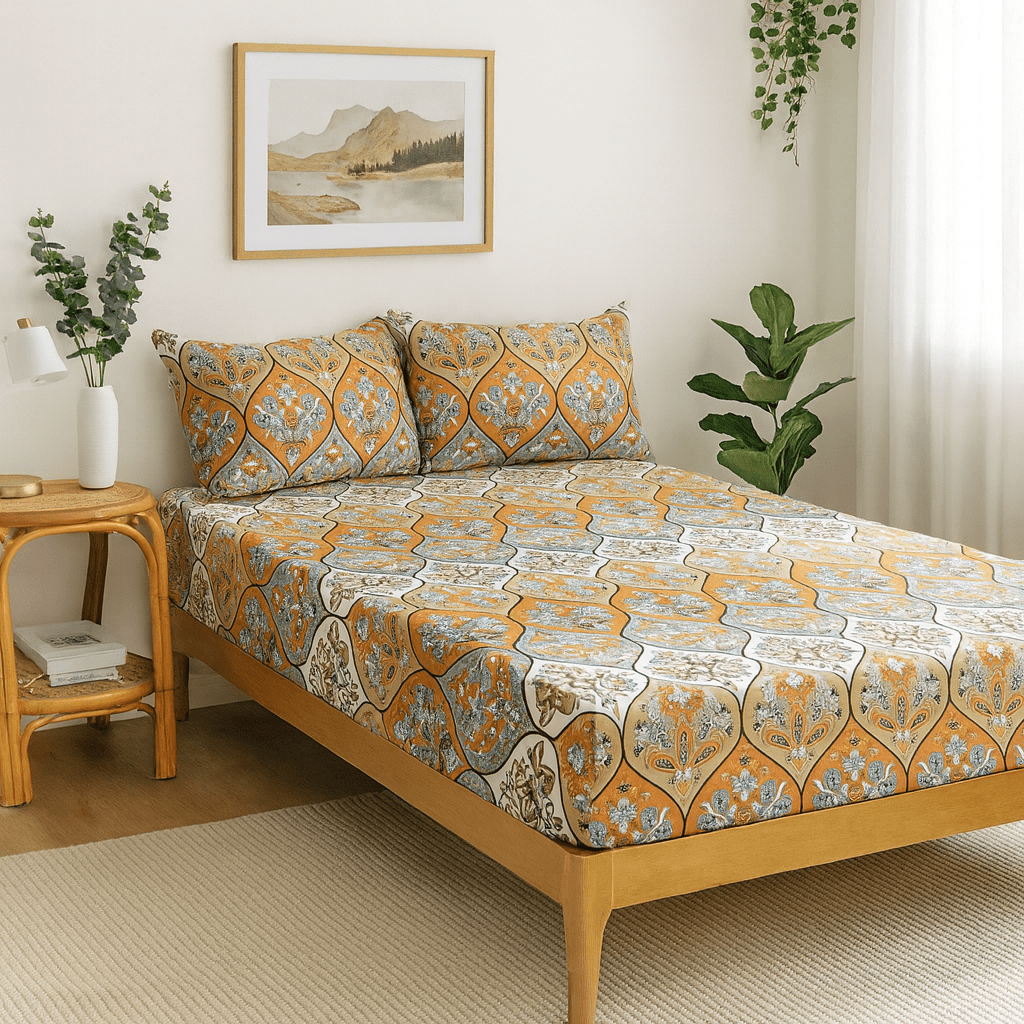 DaDa Bedding Bohemian Fitted Sheet w/Pillow Cases - Coral Teal Floral Paisley Botanical Garden Party - Bright Vibrant Multi-Colorful Blue Salmon Pink
