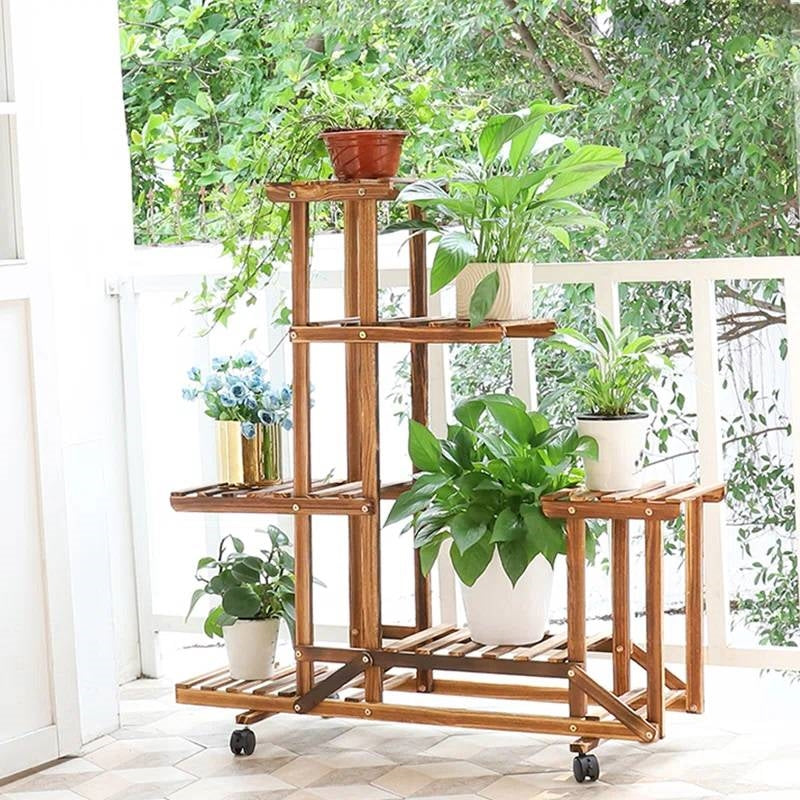 6-Shelf Portable Wooden Flower Pot Plant Stand with Locking Wheels HomePacific