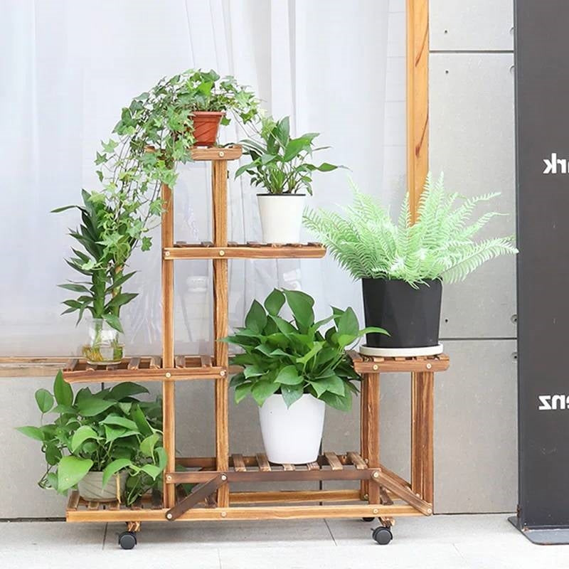 6-Shelf Portable Wooden Flower Pot Plant Stand with Locking Wheels HomePacific