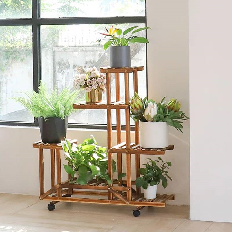 6-Shelf Portable Wooden Flower Pot Plant Stand with Locking Wheels HomePacific