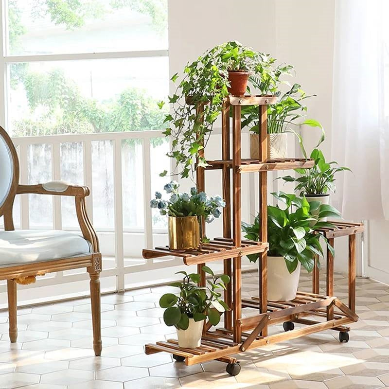 6-Shelf Portable Wooden Flower Pot Plant Stand with Locking Wheels HomePacific