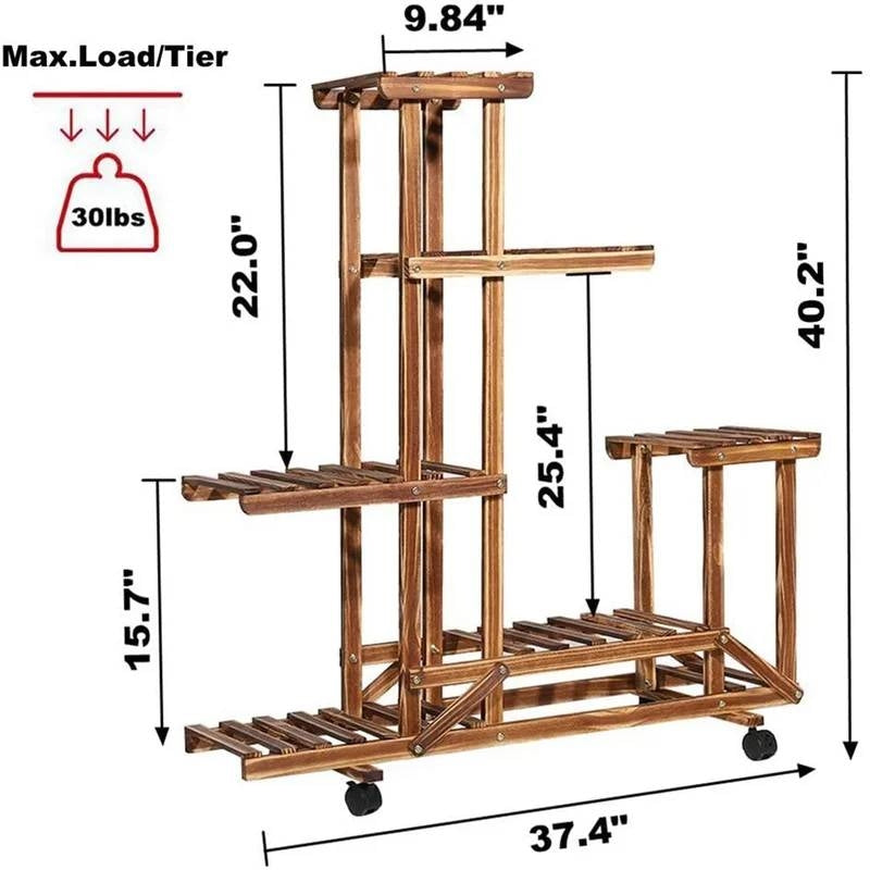6-Shelf Portable Wooden Flower Pot Plant Stand with Locking Wheels HomePacific