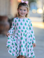 Christmas Girls Pink Stripe Tree Bow Twirl Dress Rylee Faith Designs