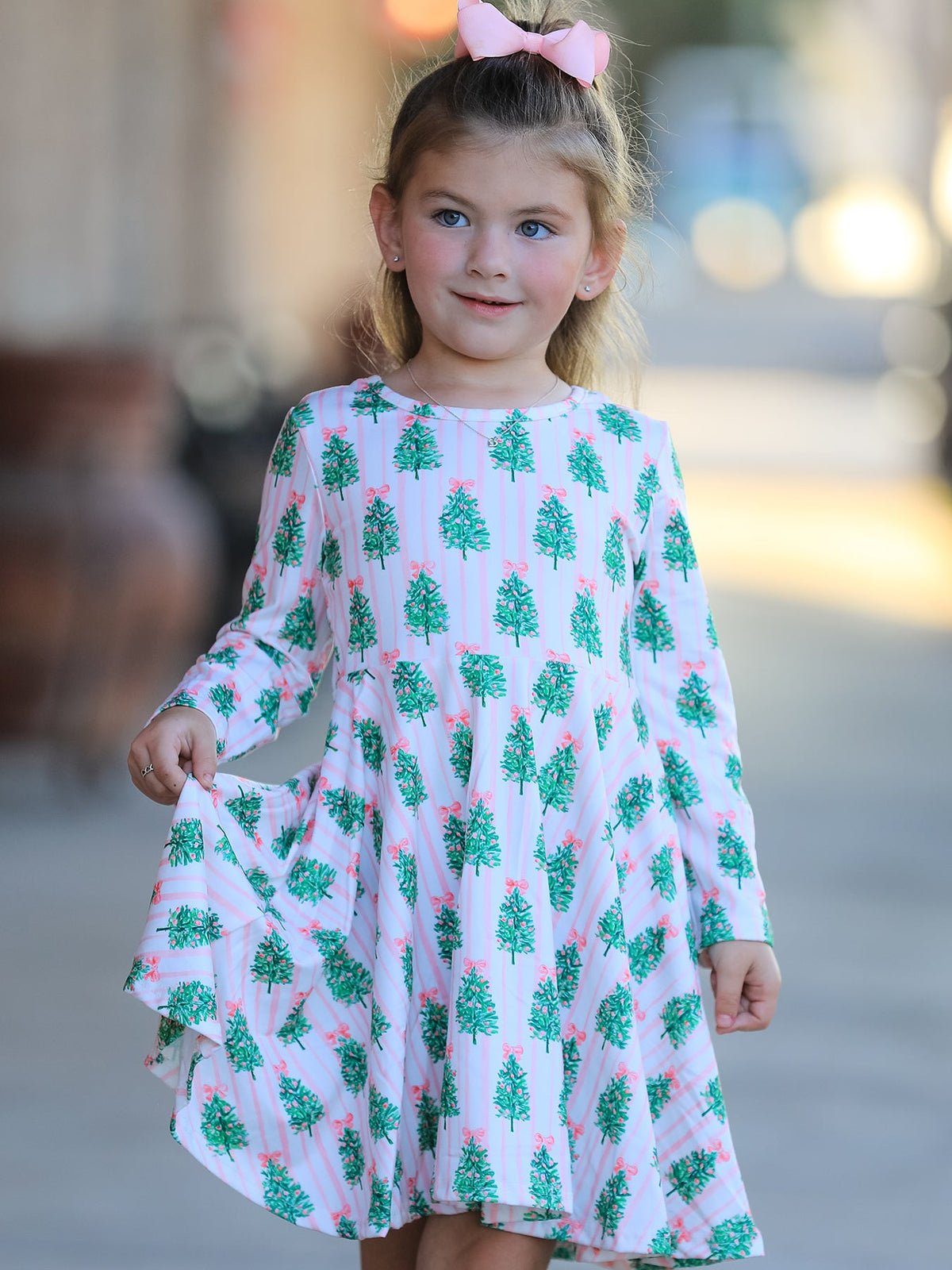 Christmas Girls Pink Stripe Tree Bow Twirl Dress Rylee Faith Designs