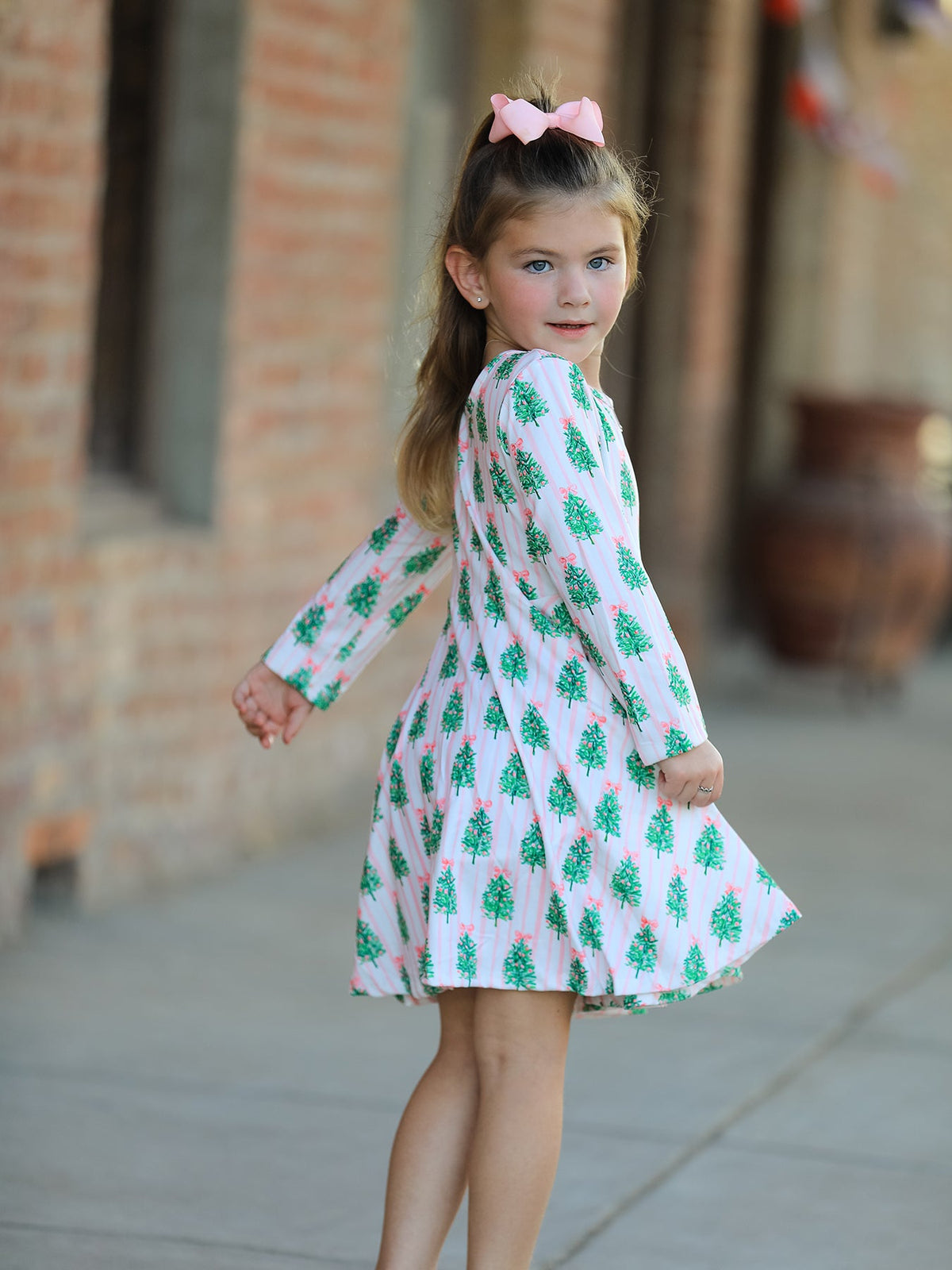 Christmas Girls Pink Stripe Tree Bow Twirl Dress Rylee Faith Designs