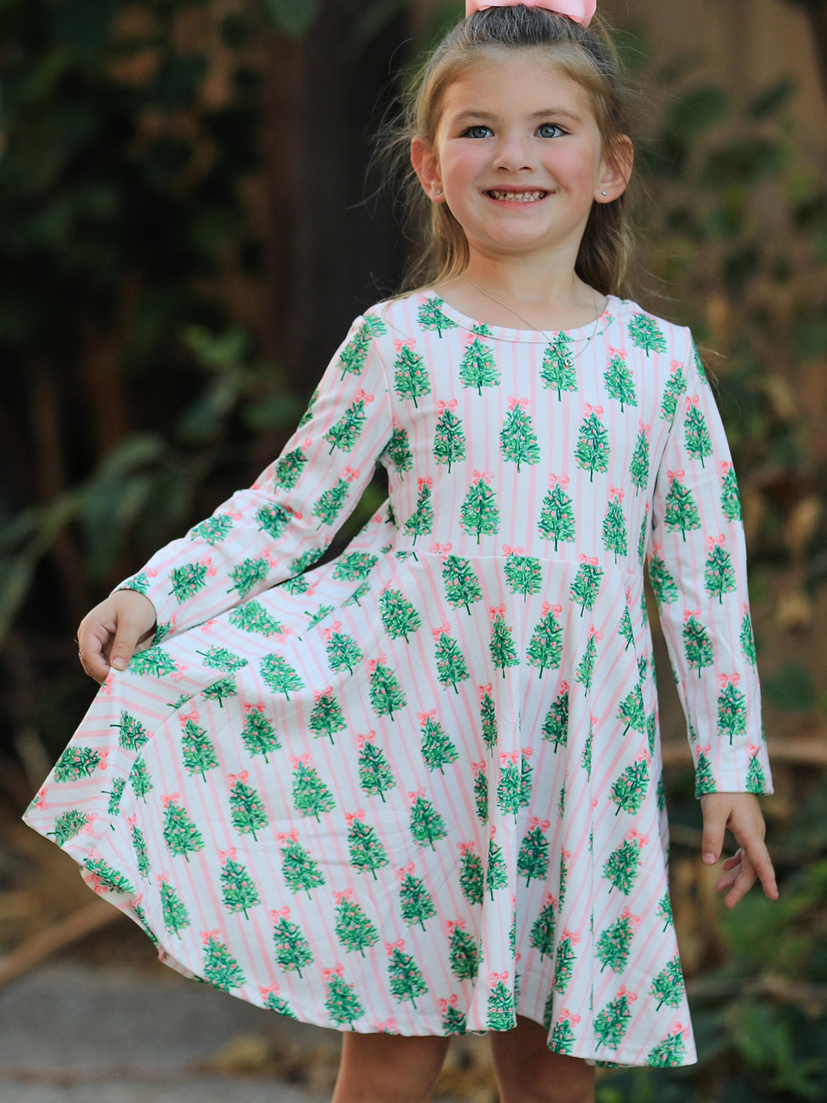 Christmas Girls Pink Stripe Tree Bow Twirl Dress Rylee Faith Designs