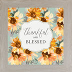 Thankful and Blessed Wall Art – Sage Sunflower Fall Floral Square Farmhouse Framed Decor (SB308)