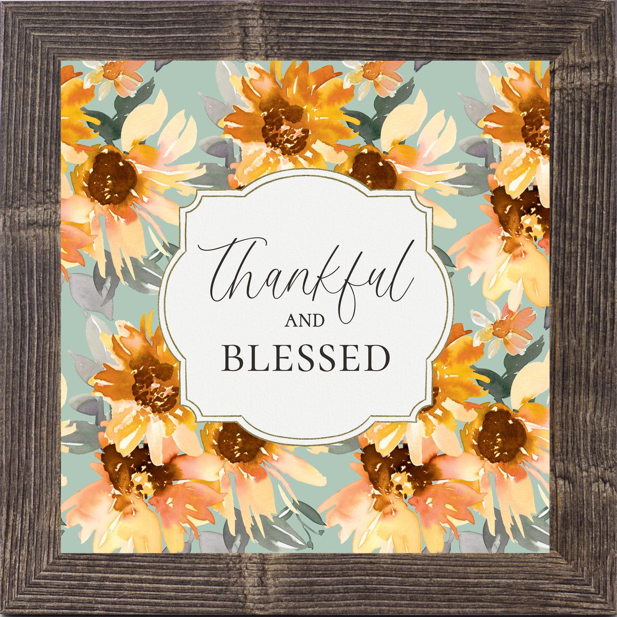 Thankful and Blessed Wall Art – Sage Sunflower Fall Floral Square Farmhouse Framed Decor (SB308)