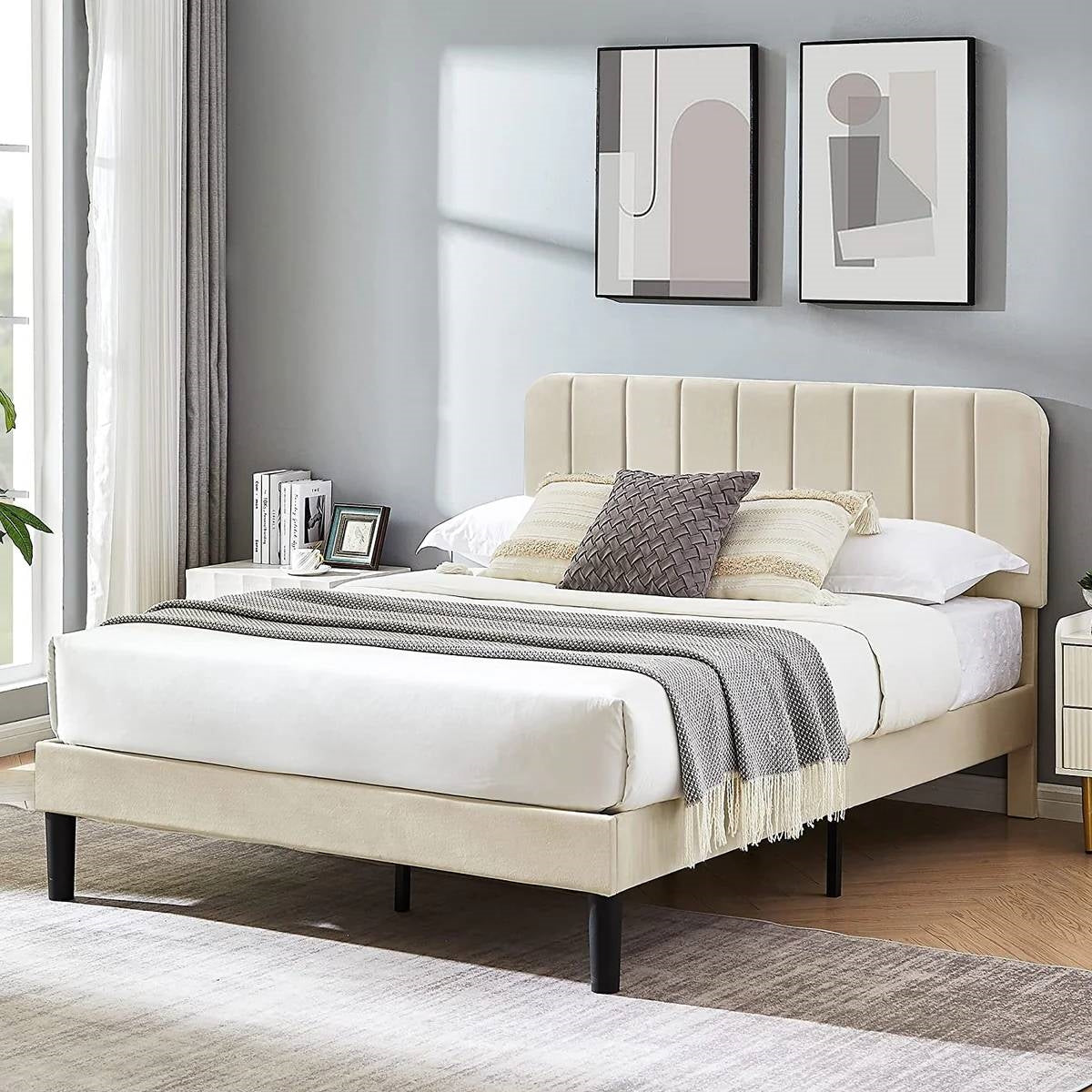 Queen size Beige Upholstered Platform Bed Frame with Headboard HomePacific