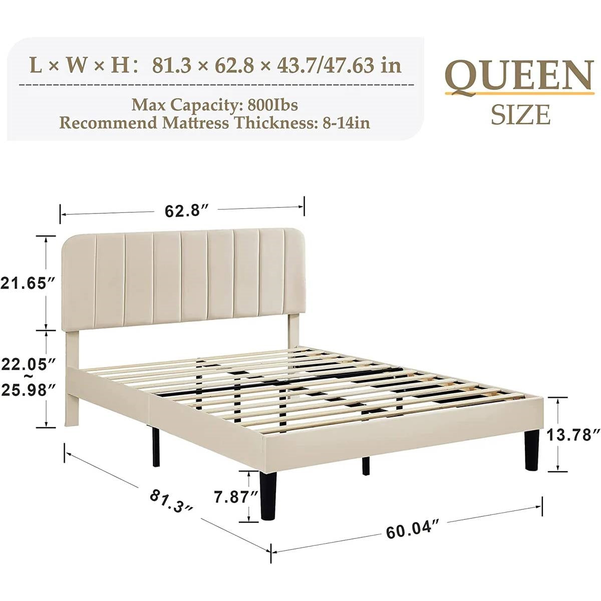 Queen size Beige Upholstered Platform Bed Frame with Headboard HomePacific