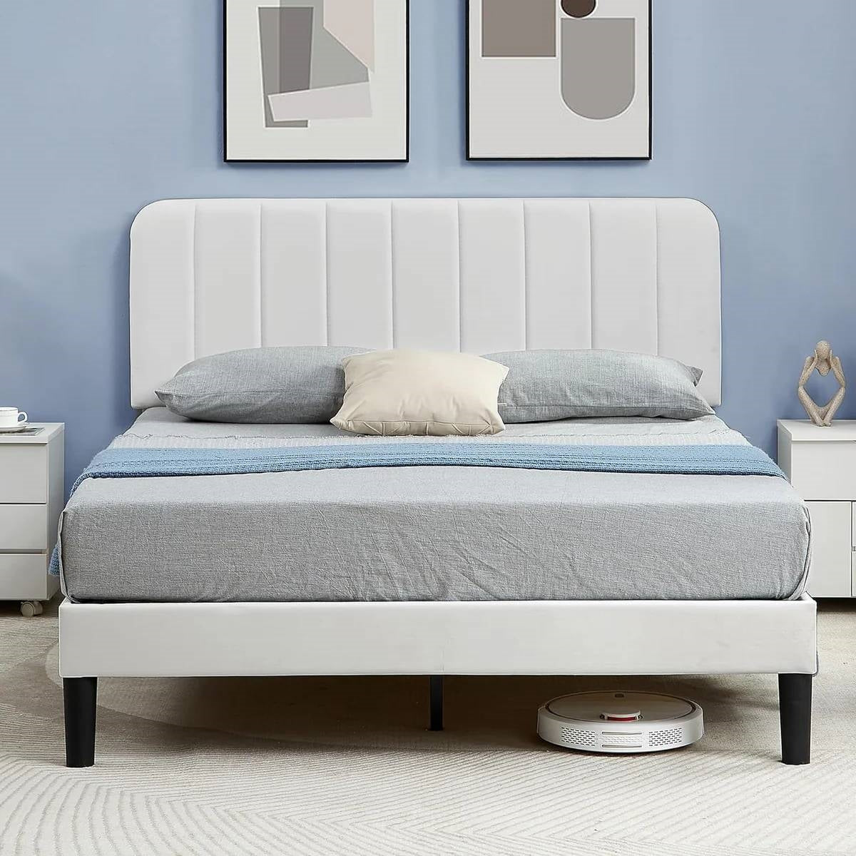 Queen size White Upholstered Platform Bed Frame with Headboard HomePacific
