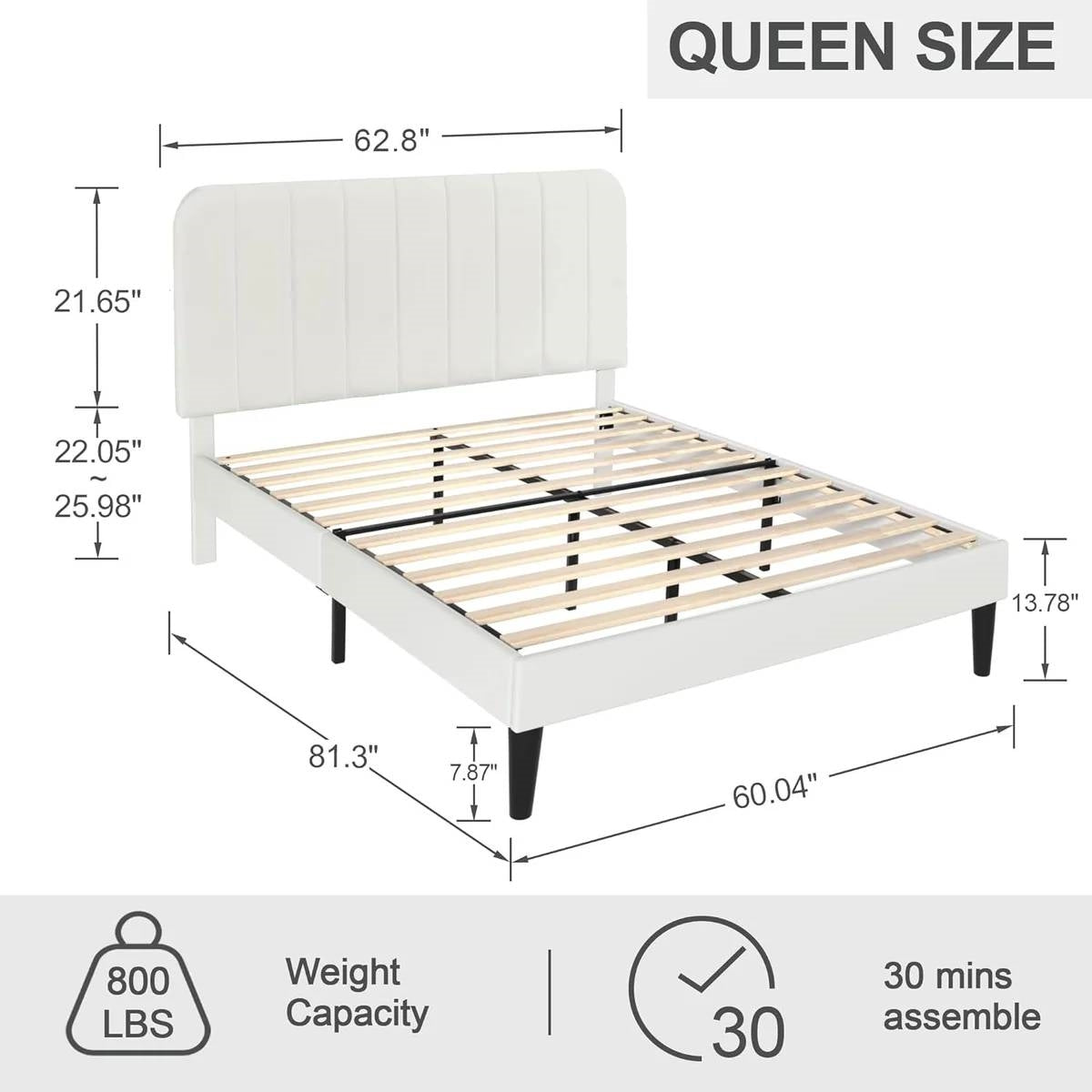 Queen size White Upholstered Platform Bed Frame with Headboard HomePacific