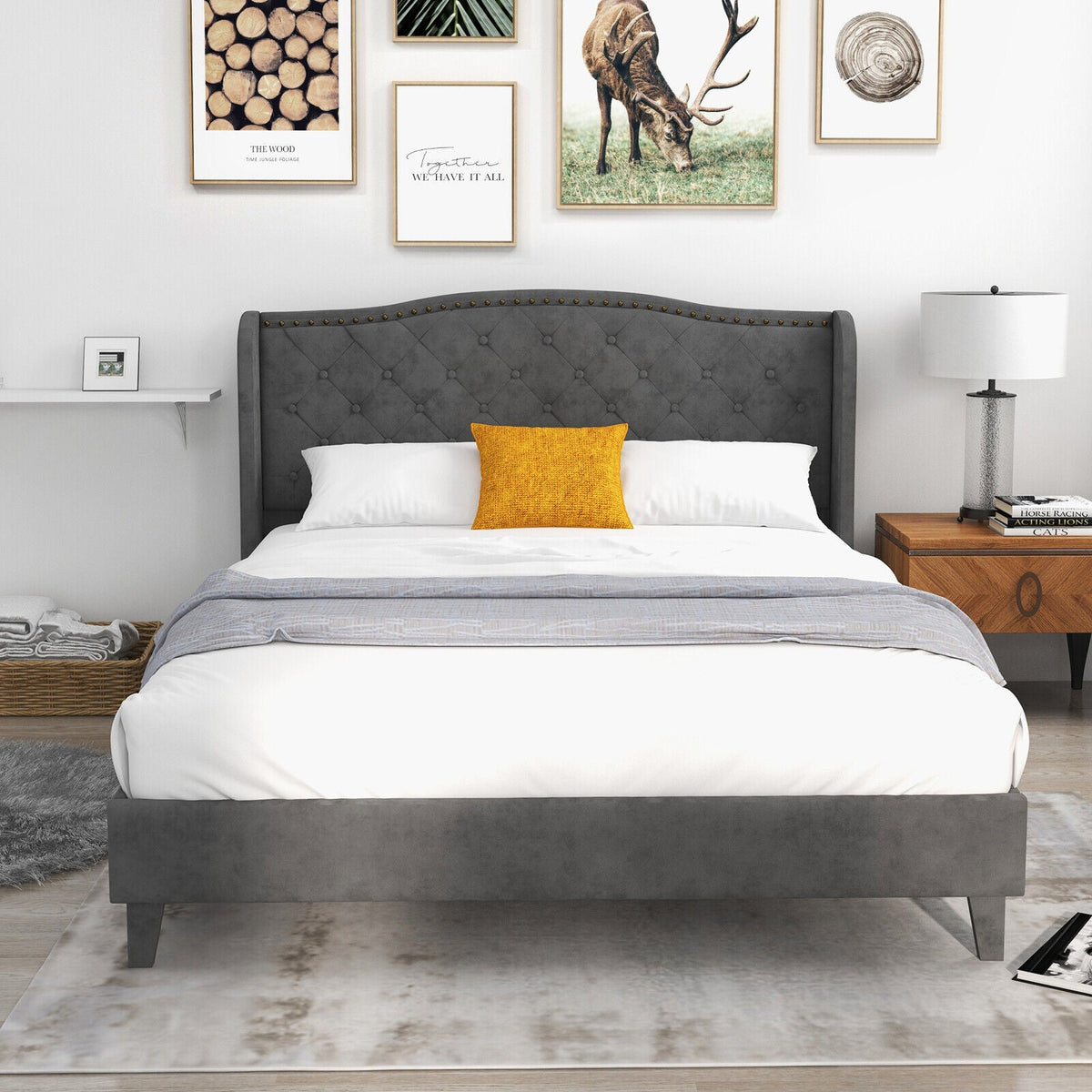 Full/Queen Size Upholstered Platform Bed Frame with Button Tufted Headboard DirectDeals