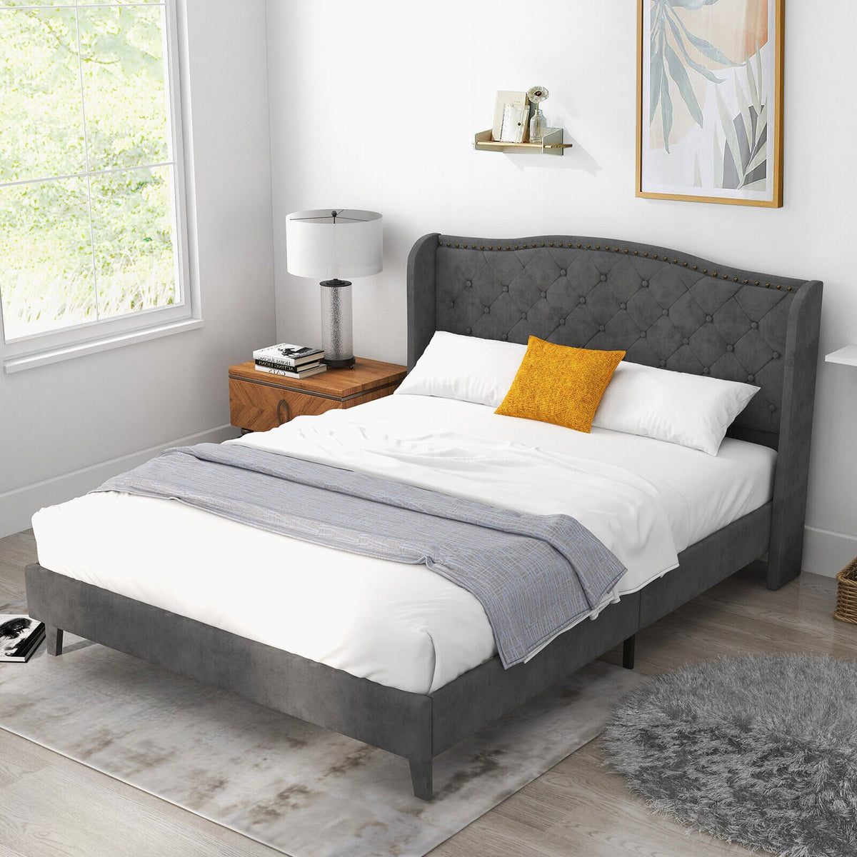 Full/Queen Size Upholstered Platform Bed Frame with Button Tufted Headboard DirectDeals