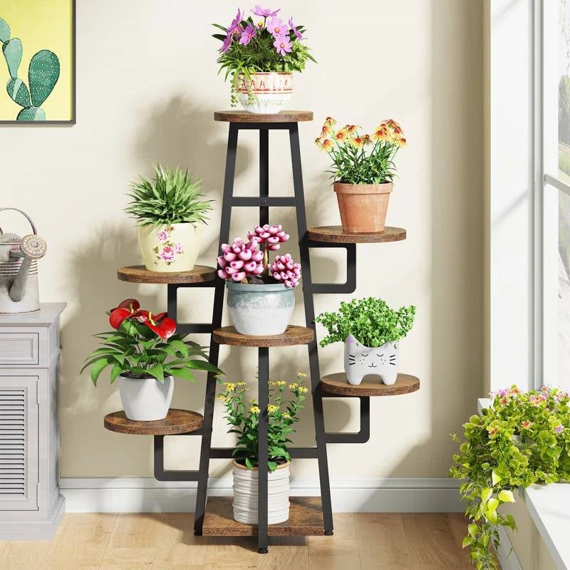 Modern Indoor Multi-Tier Plant Stand with Black Metal Frame and Wood Shelves HomePacific