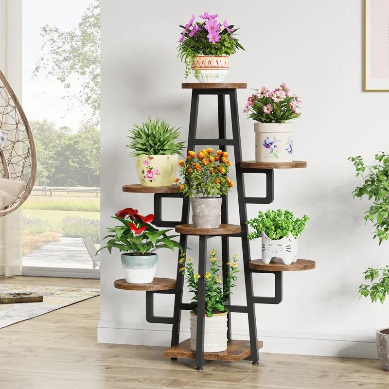 Modern Indoor Multi-Tier Plant Stand with Black Metal Frame and Wood Shelves HomePacific