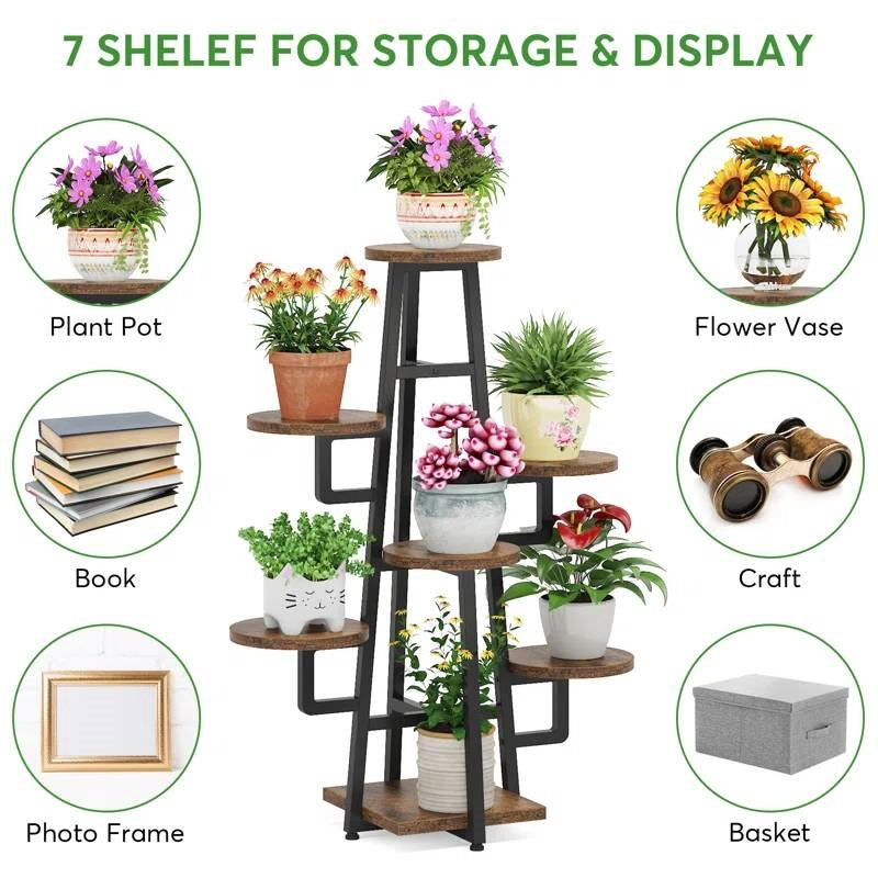 Modern Indoor Multi-Tier Plant Stand with Black Metal Frame and Wood Shelves HomePacific