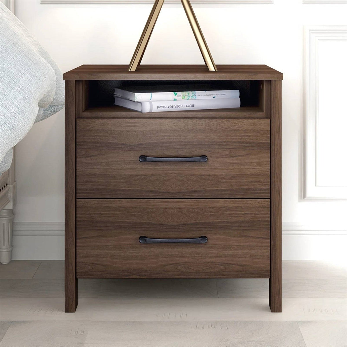 Modern 2-Drawer Nightstand Bedside Table in Brown Walnut Wood Finish HomePacific