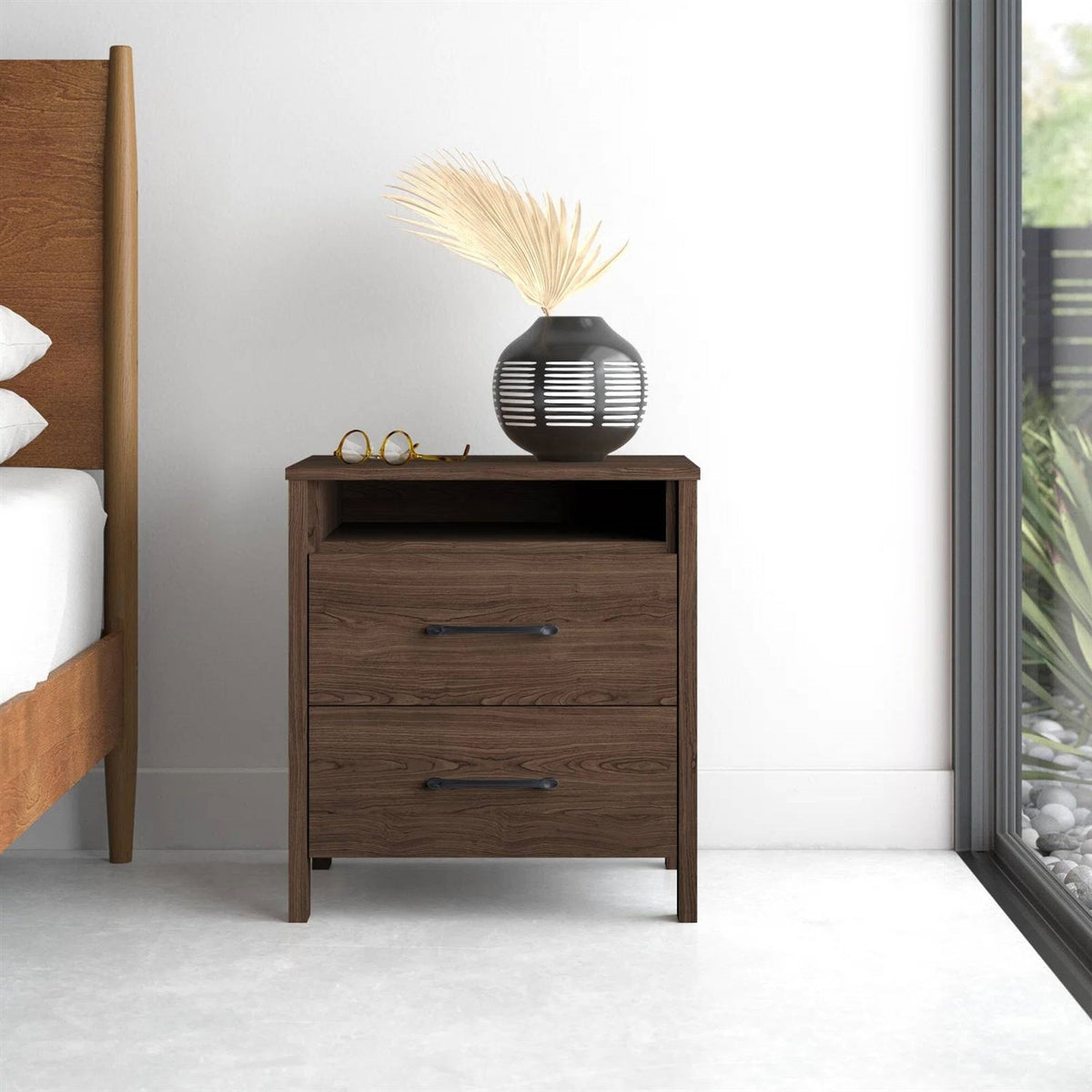 Modern 2-Drawer Nightstand Bedside Table in Brown Walnut Wood Finish HomePacific