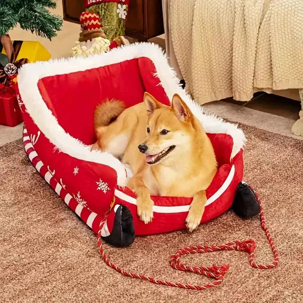 Christmas Sleigh Pet Bed – Removable Washable Plush Sofa with Non-Slip Base Cozy Kawaii