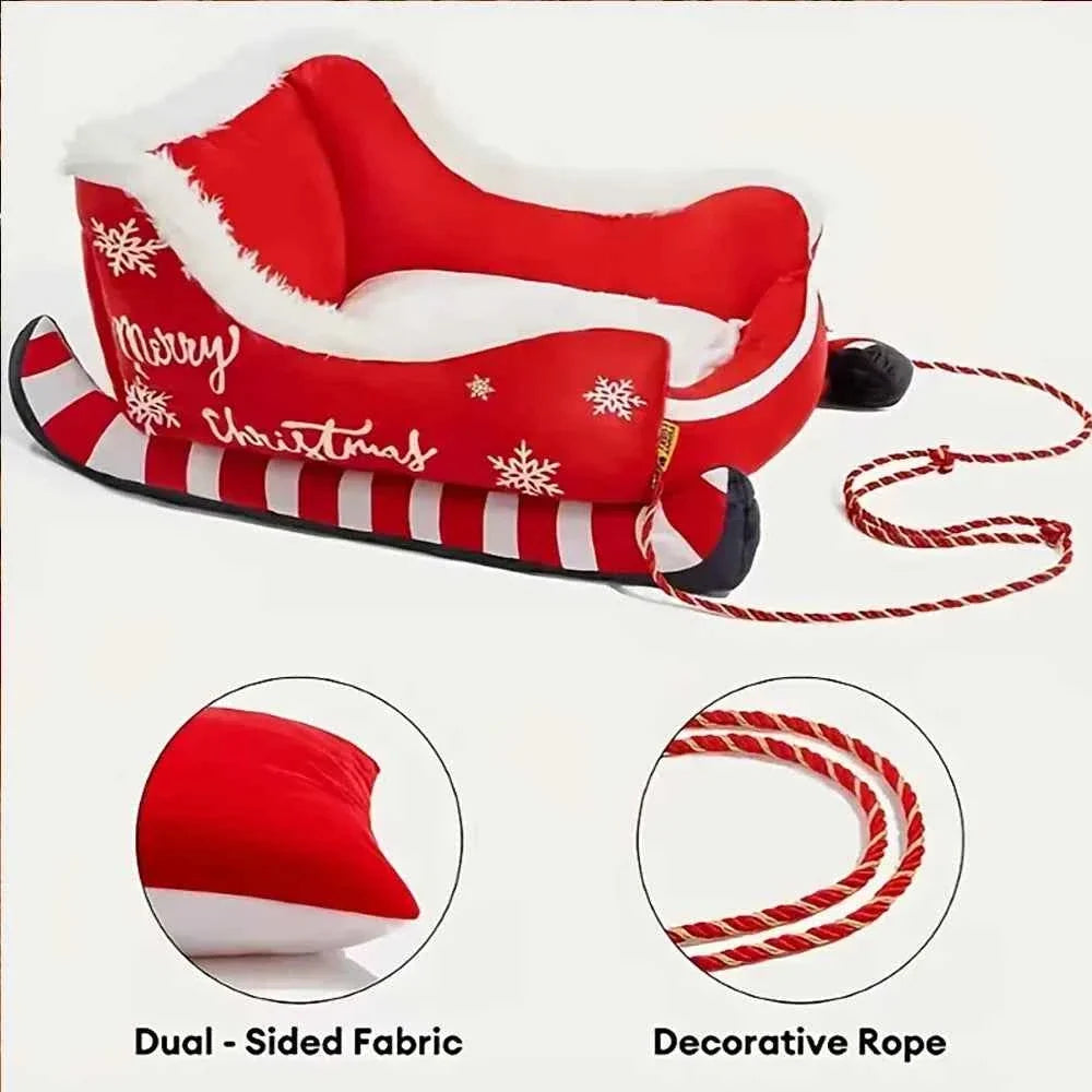 Christmas Sleigh Pet Bed – Removable Washable Plush Sofa with Non-Slip Base Cozy Kawaii