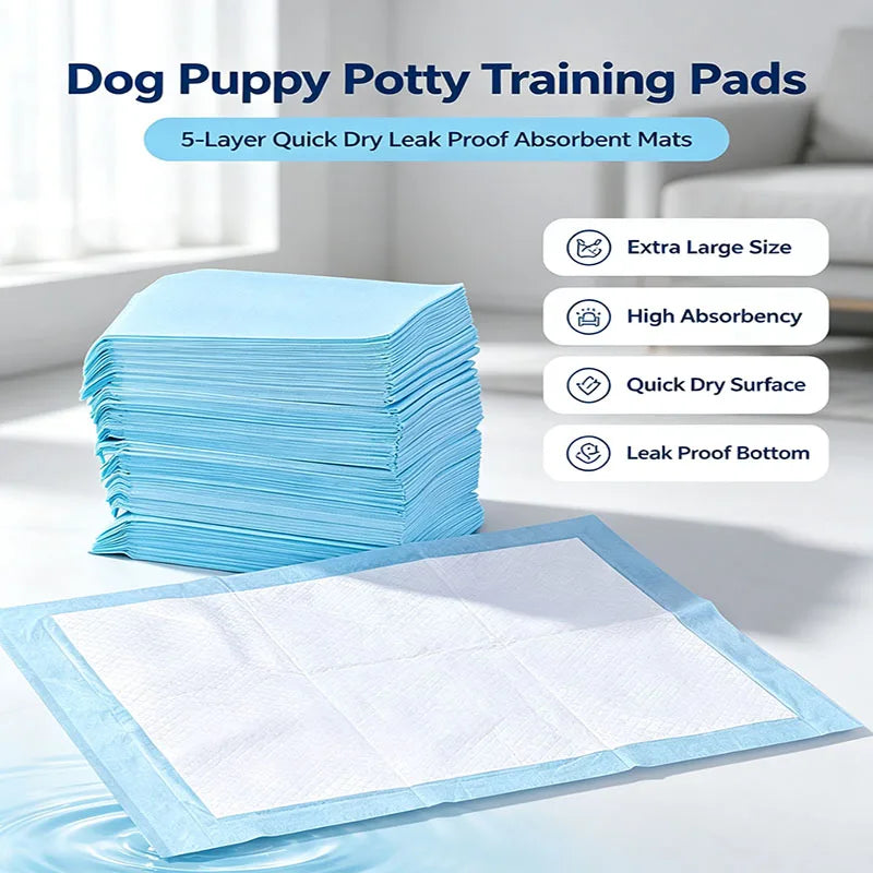 Leak Proof Dog Puppy Potty Pads, 5-Layer Quick Dry High Absorbency, Extra Large Blue White Disposable Training Mats
