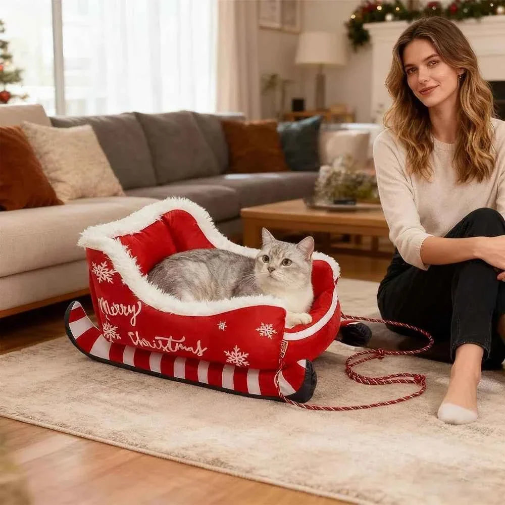 Christmas Sleigh Pet Bed – Removable Washable Plush Sofa with Non-Slip Base Cozy Kawaii