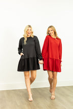 Waffle Knit Long-Sleeve Dress, Black