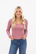 Square Neck Long Sleeve Top, Mauve
