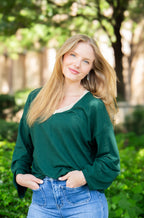 V-Neck Top with Lace Trim, Forest Green