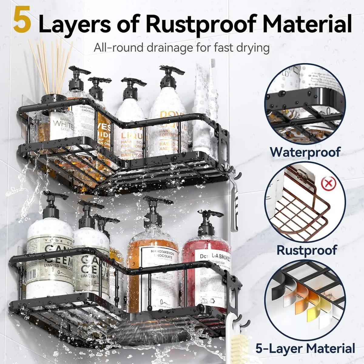 3-Pack Adhesive Rustproof Stainless Steel Shower Shelves with Soap Holder, No Drilling Corner Organizer for Bathroom, Black