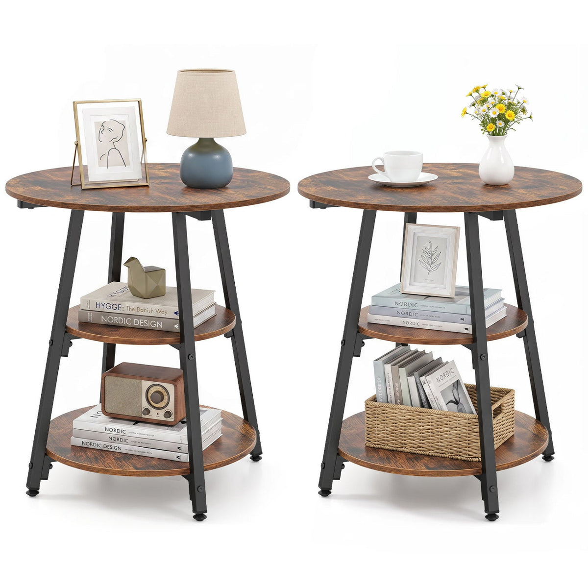 Industrial Side Tables Set of 2 with 3-Tier Shelves DirectDeals