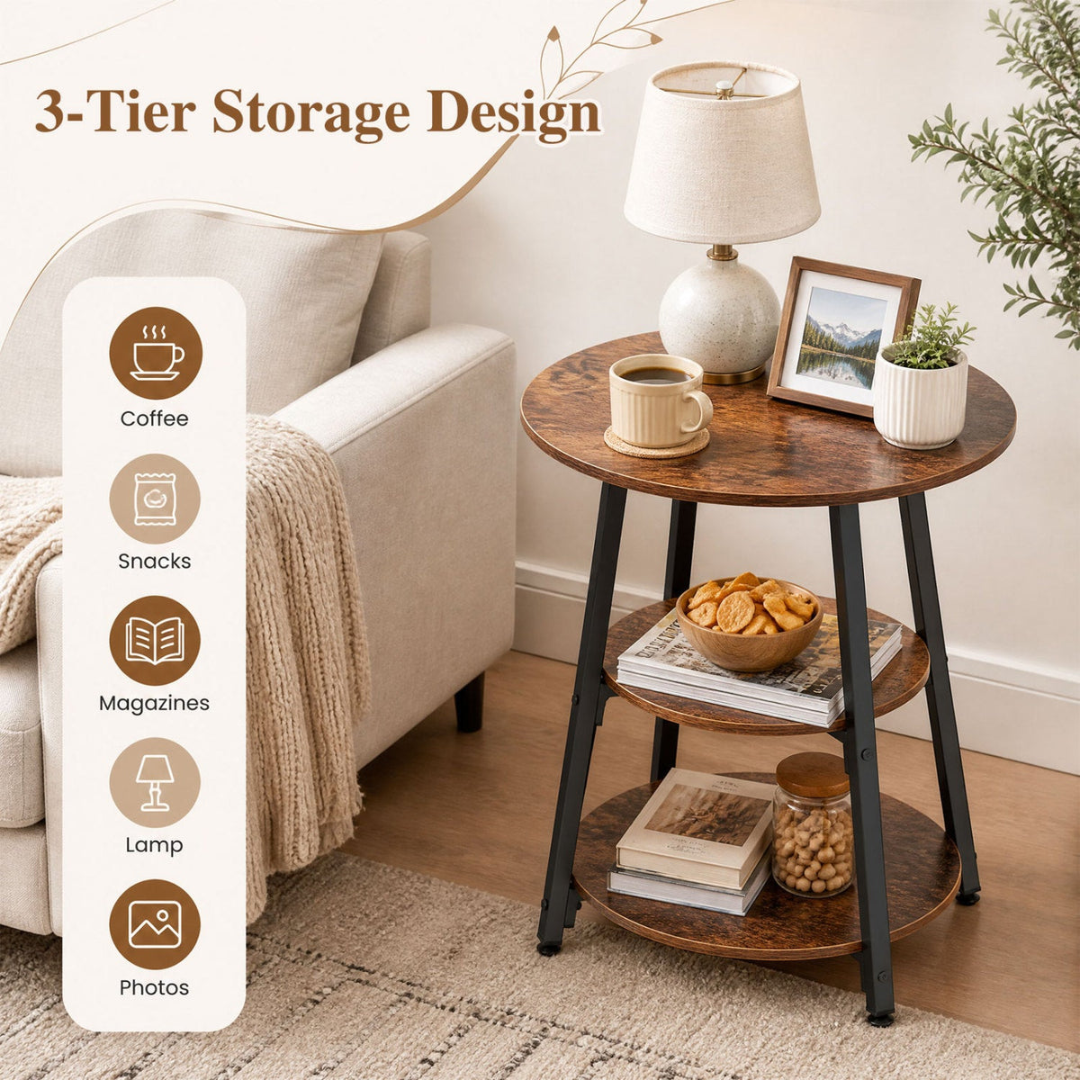 Industrial Side Tables Set of 2 with 3-Tier Shelves DirectDeals