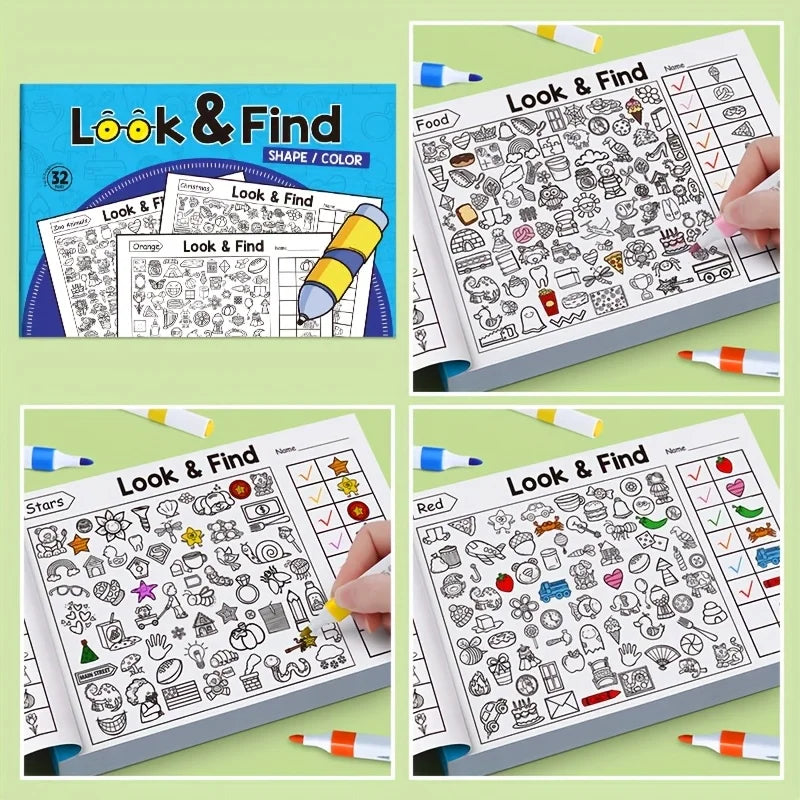 32 Pages Children's Hidden Object Coloring Book | Interactive Educational Matching Game