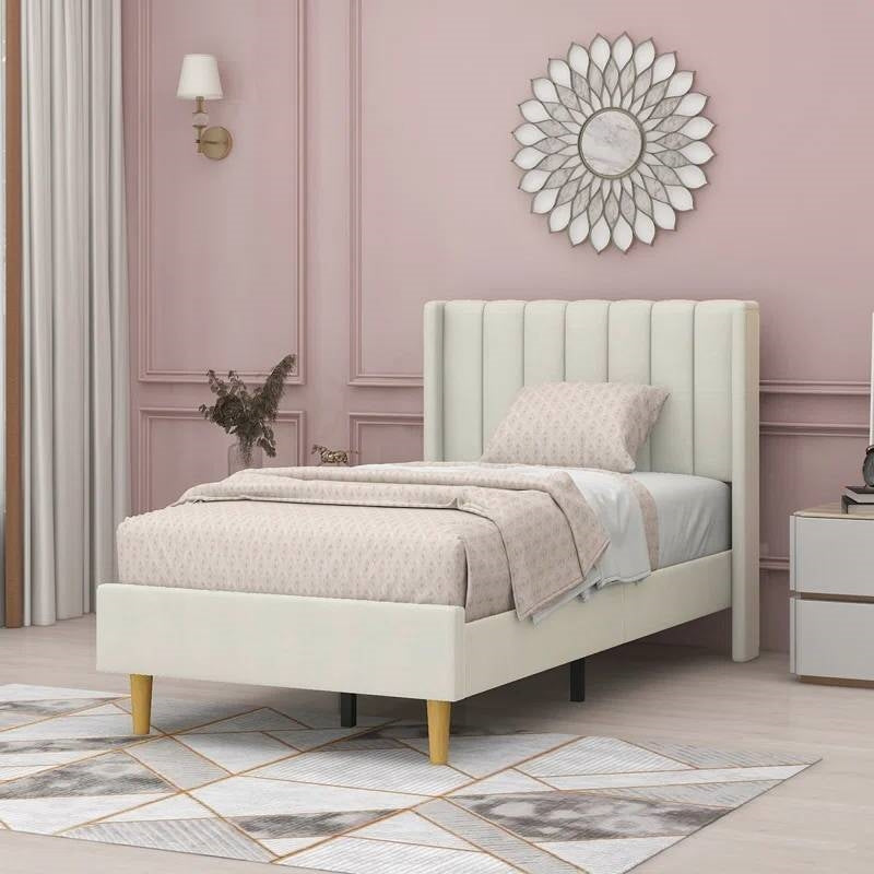 Twin size Mid-Century Platform Bed Frame with Cream Velvet Upholstered Headboard HomePacific