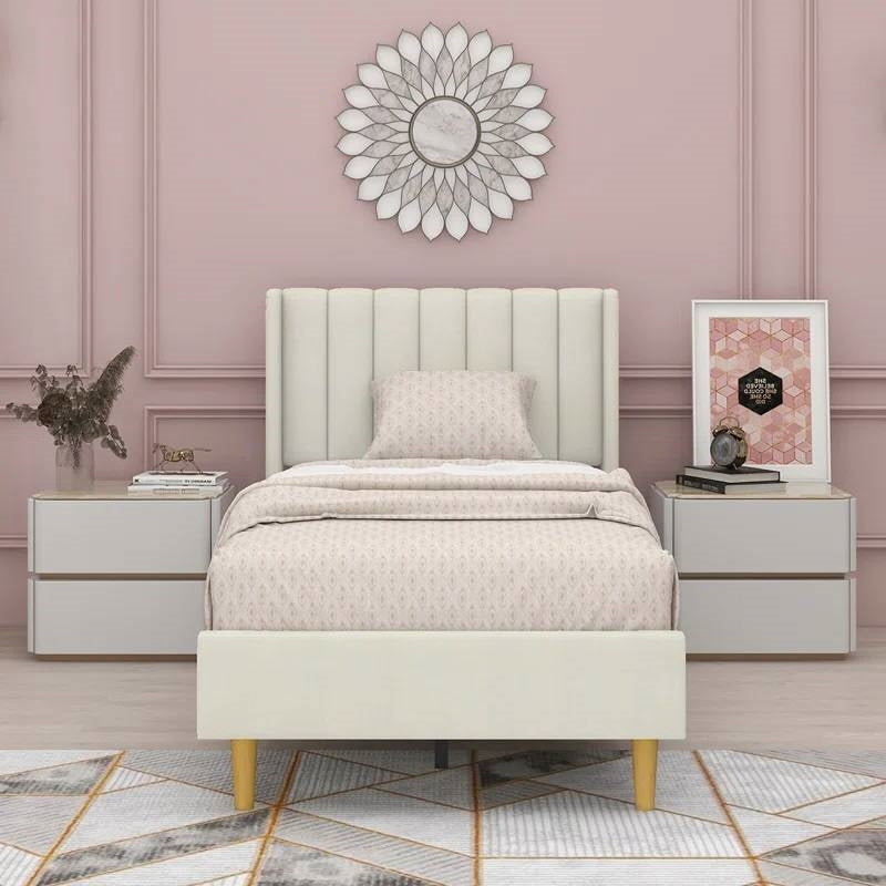 Twin size Mid-Century Platform Bed Frame with Cream Velvet Upholstered Headboard HomePacific