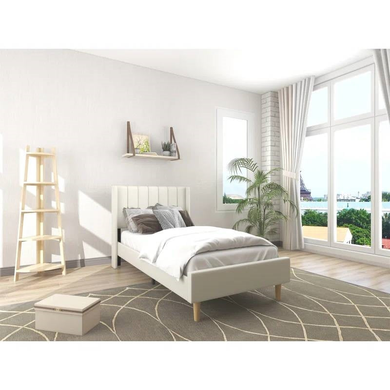 Twin size Mid-Century Platform Bed Frame with Cream Velvet Upholstered Headboard HomePacific