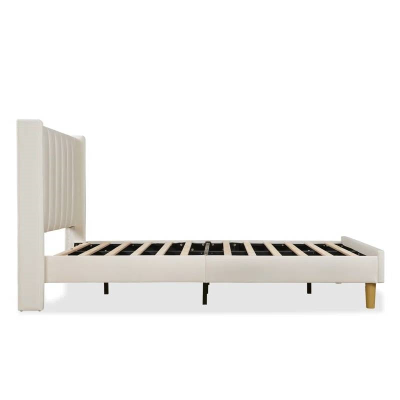 Twin size Mid-Century Platform Bed Frame with Cream Velvet Upholstered Headboard HomePacific