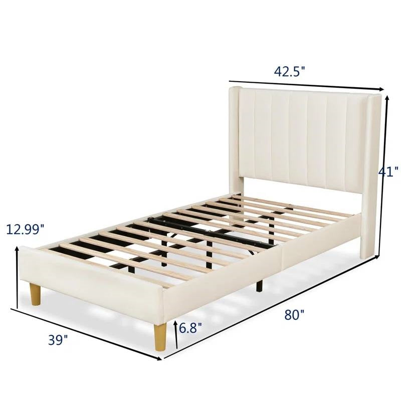 Twin size Mid-Century Platform Bed Frame with Cream Velvet Upholstered Headboard HomePacific