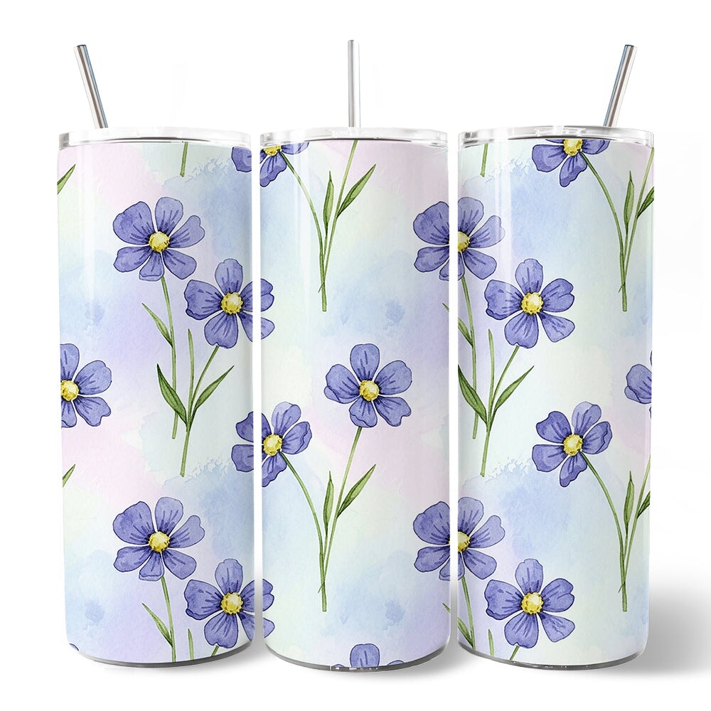 Delicate Blue Wildflowers 20oz Personalized Tumbler With Lid and Stainless Steel Straw, Soft Pastel Floral Pattern Gift Cup OrnamentallyYou