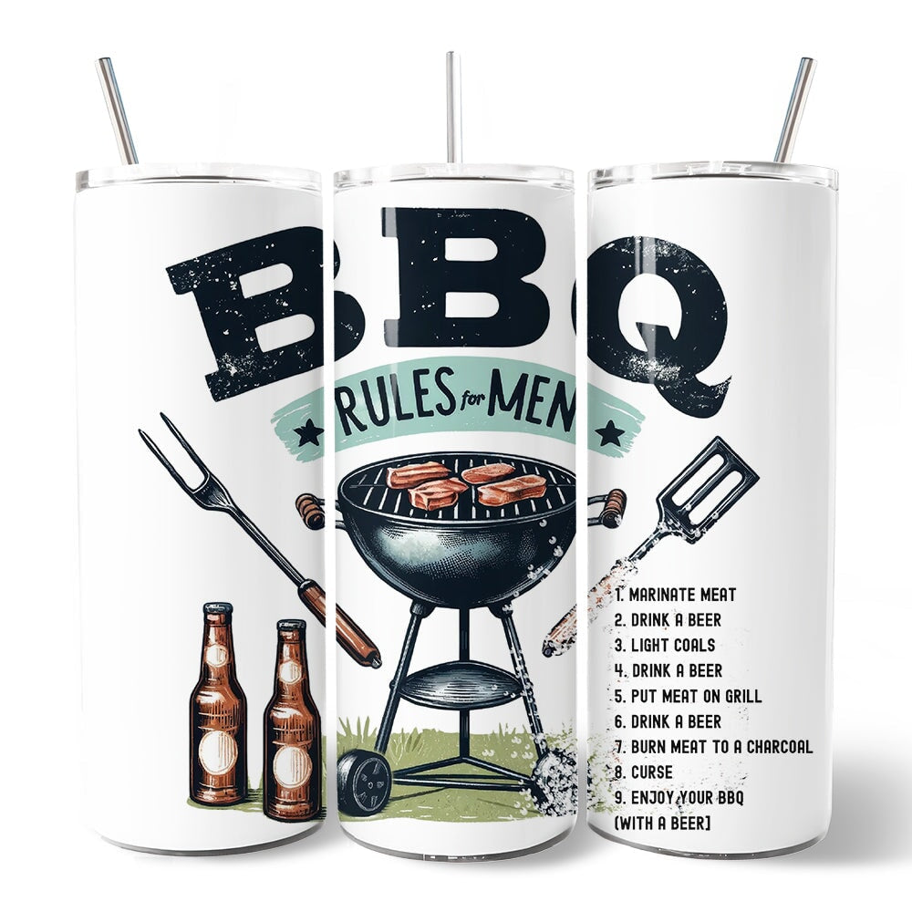 Funny BBQ Rules For Men 20oz Personalized Tumbler With Lid and Stainless Steel Straw, Backyard Grill Guide Humor Gift Cup OrnamentallyYou