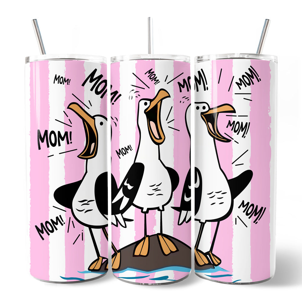 Funny Mom Calling Seagull 20oz Personalized Tumbler With Lid and Stainless Steel Straw, Pink Coastal Bird Gift Cup OrnamentallyYou