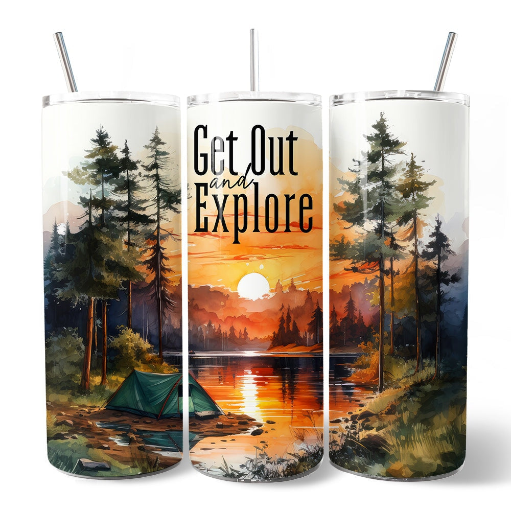 Get Out and Explore 20oz Personalized Tumbler With Lid and Stainless Steel Straw, Forest Camping Adventure Gift Cup OrnamentallyYou