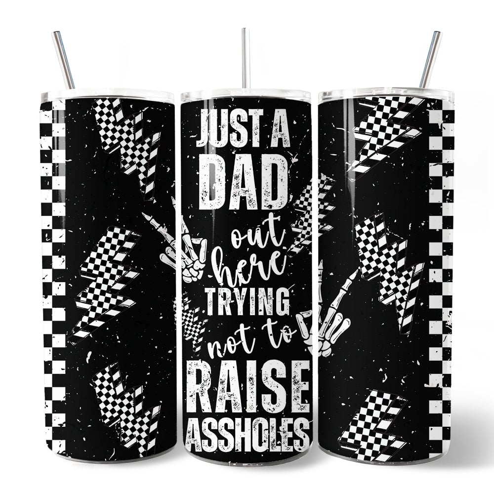 Just A Dad Checkered Lightning 20oz Personalized Tumbler With Lid and Stainless Steel Straw, Sarcastic Father's Day Humor Gift Cup OrnamentallyYou