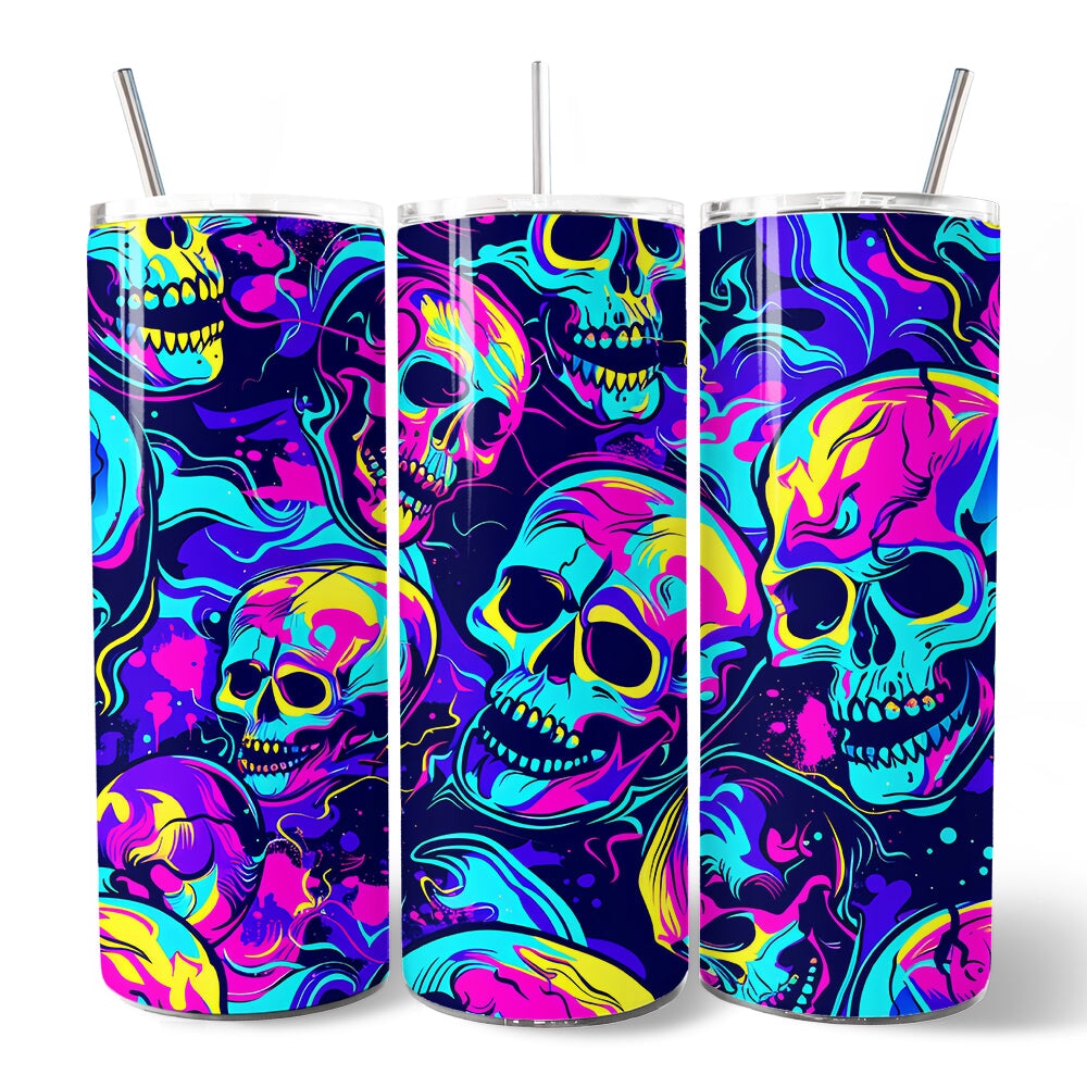 Neon Skull Chaos 20oz Personalized Tumbler With Lid and Stainless Steel Straw, Psychedelic Horror Halloween Gift Cup OrnamentallyYou