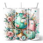 Pink and Teal Wanderlust Girl 20oz Personalized Tumbler With Lid and Stainless Steel Straw, Floral Traveler Adventurer Gift Cup OrnamentallyYou